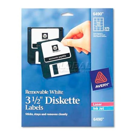 Avery Dennison Avery 6490 Laser/Inkjet 3.5in Diskette Labels, White, 375/Pack 6490